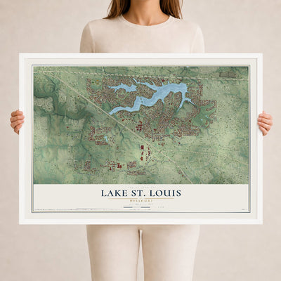 Map of Lake St. Louis, Missouri, 24 x 36 inch print in a white wood frame