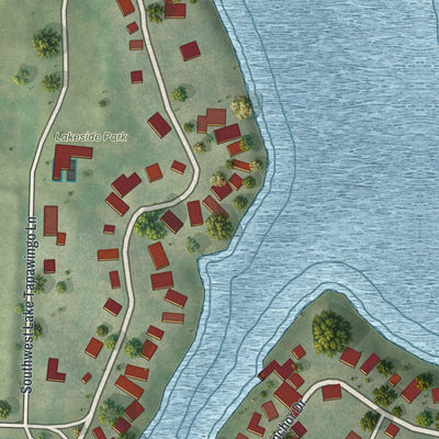 Close-up of the map of Lake Tapawingo, Missouri print showing street and building detail