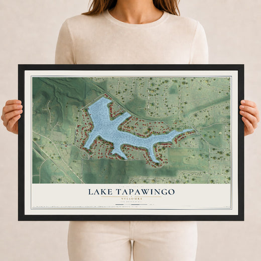 Map of Lake Tapawingo, Missouri, 12 x 18 inch print in a black wood frame