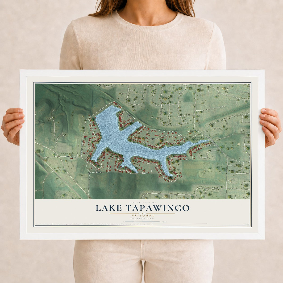 Map of Lake Tapawingo, Missouri, 12 x 18 inch print in a white wood frame