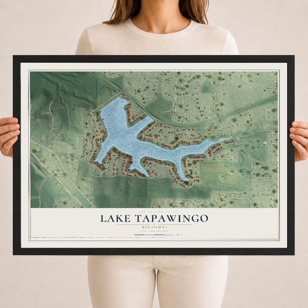 Map of Lake Tapawingo, Missouri, 18 x 24 inch print in a black wood frame