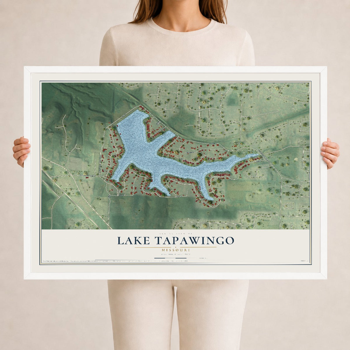 Map of Lake Tapawingo, Missouri, 24 x 36 inch print in a white wood frame