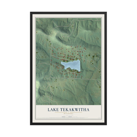 Map of Lake Tekakwitha, Missouri, 12 x 18 inch print in a black wood frame
