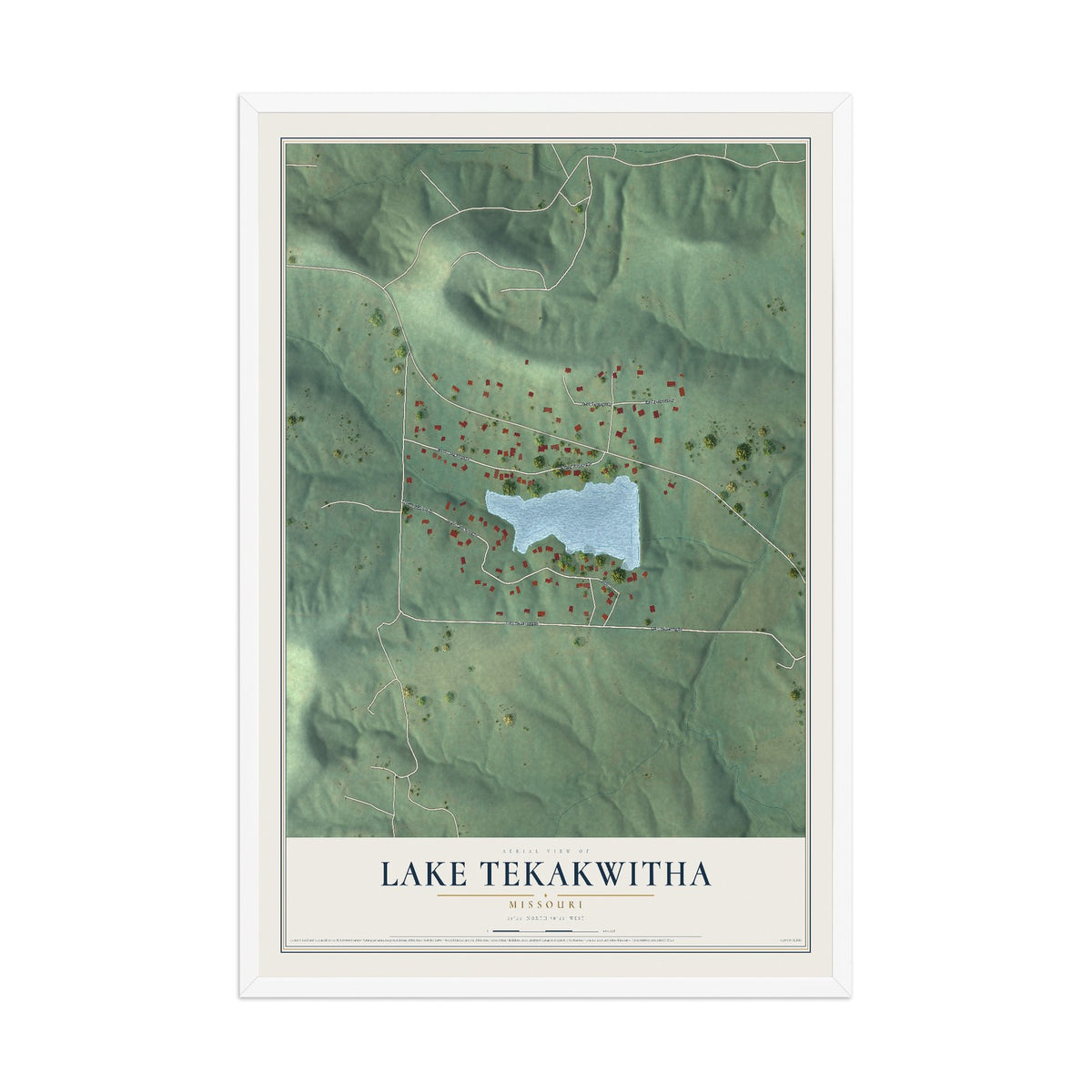 Map of Lake Tekakwitha, Missouri, 12 x 18 inch print in a white wood frame
