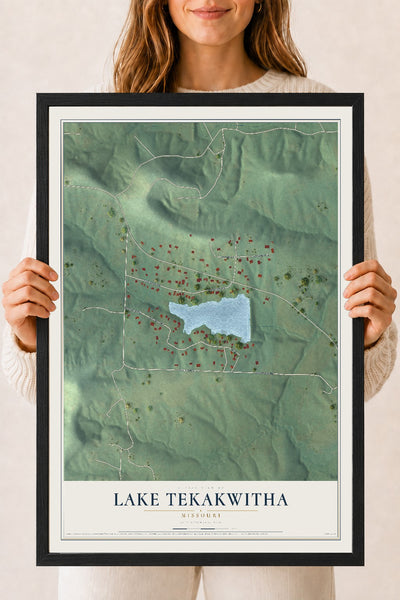 Map of Lake Tekakwitha, Missouri, 18 x 24 inch print in a black wood frame