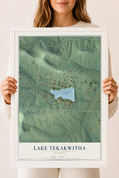 Map of Lake Tekakwitha, Missouri, 18 x 24 inch print in a white wood frame