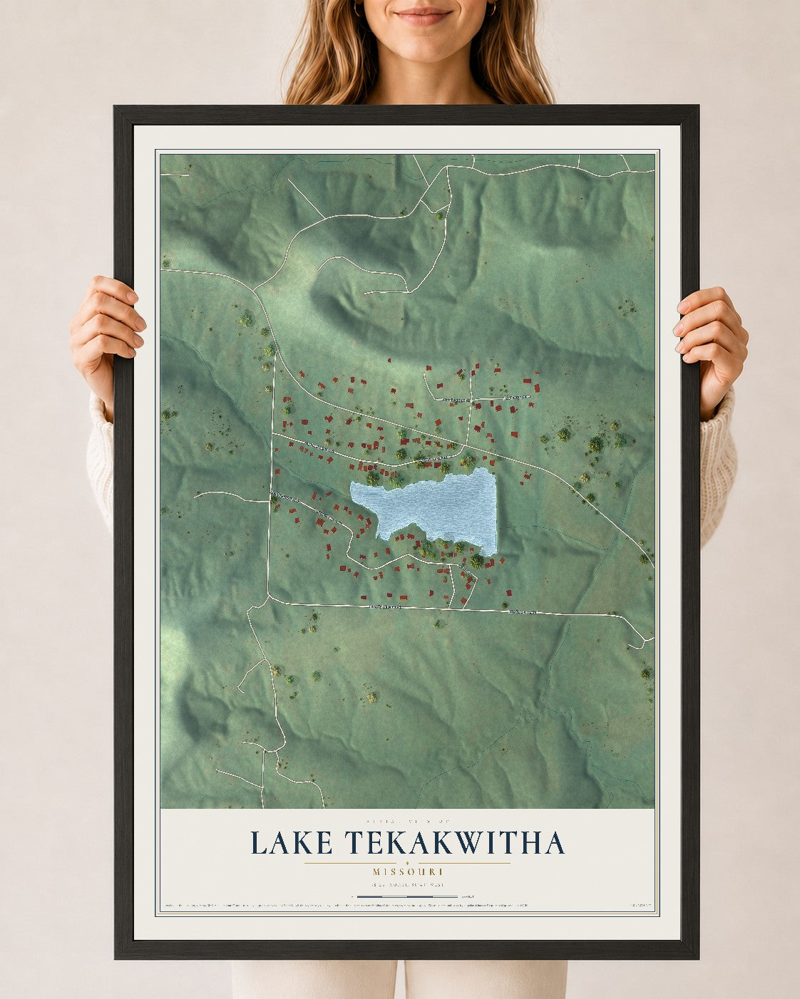 Map of Lake Tekakwitha, Missouri, 24 x 36 inch print in a black wood frame