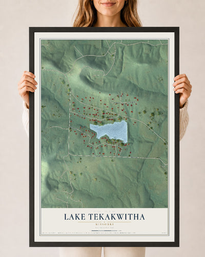 Map of Lake Tekakwitha, Missouri, 24 x 36 inch print in a black wood frame