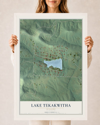 Map of Lake Tekakwitha, Missouri, 24 x 36 inch print in a white wood frame