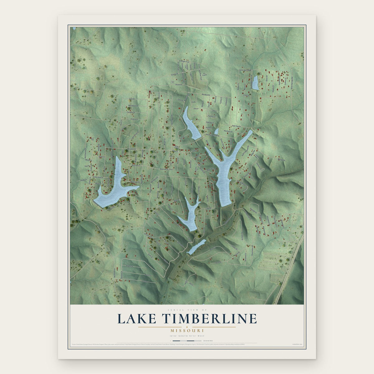Lake Timberline, Missouri map print, the full design