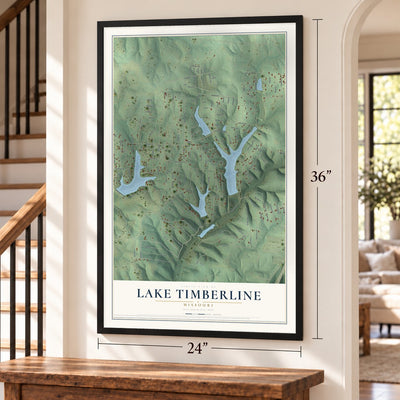 Lake Timberline, Missouri map, 24 x 36 inch print in a black frame by a staircase