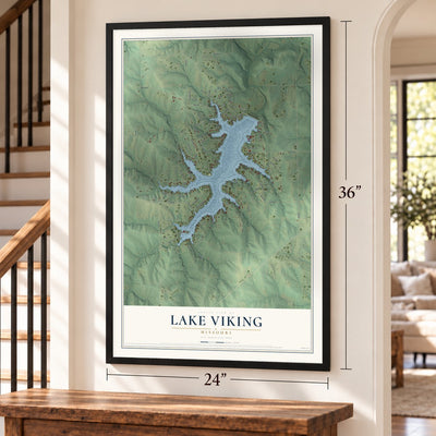 Lake Viking, Missouri map, 24 x 36 inch print in a black frame by a staircase