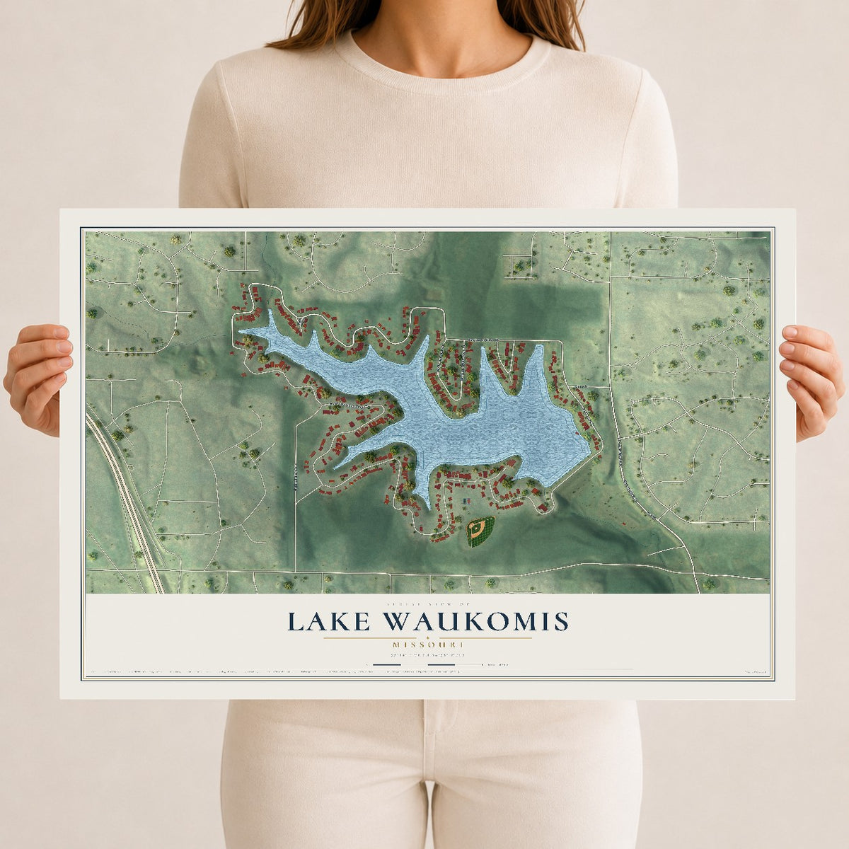 Map of Lake Waukomis, Missouri, 12 x 18 inch unframed archival matte print