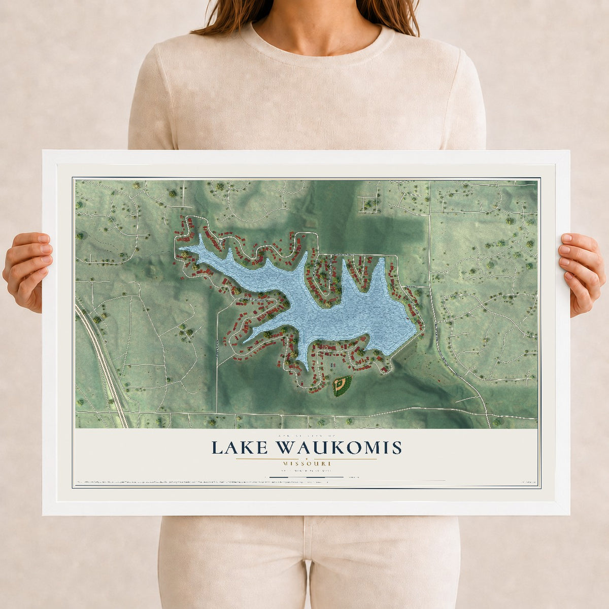 Map of Lake Waukomis, Missouri, 12 x 18 inch print in a white wood frame