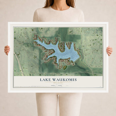 Map of Lake Waukomis, Missouri, 24 x 36 inch print in a white wood frame