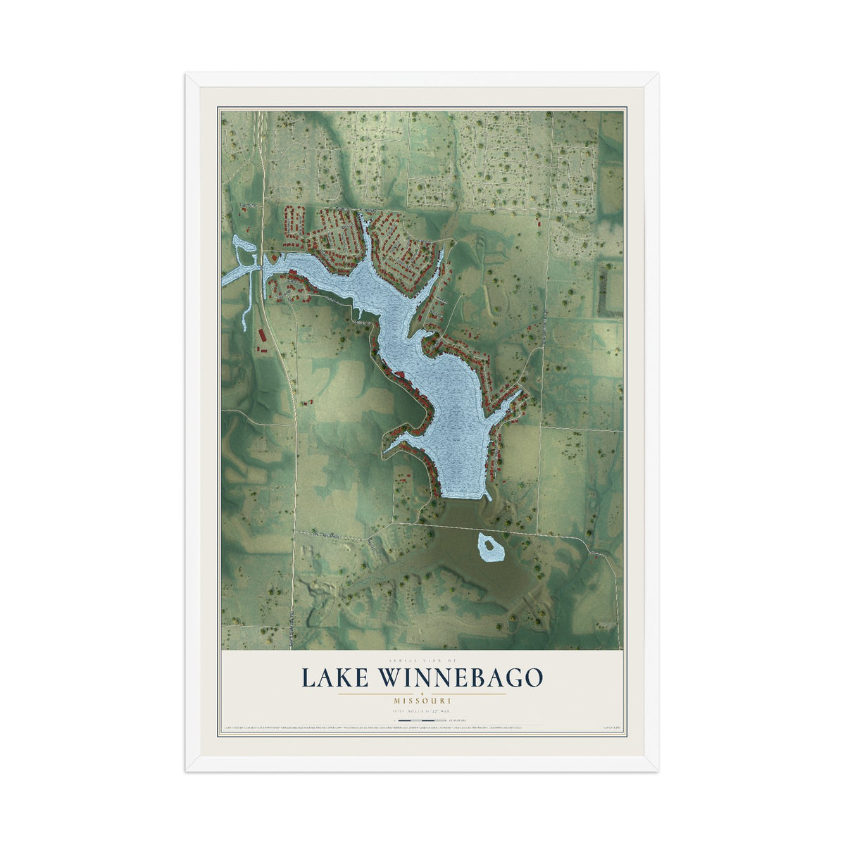 Map of Lake Winnebago, Missouri, 12 x 18 inch print in a white wood frame