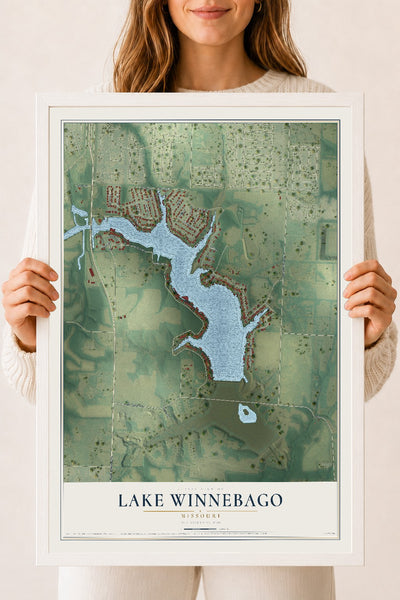 Map of Lake Winnebago, Missouri, 18 x 24 inch print in a white wood frame