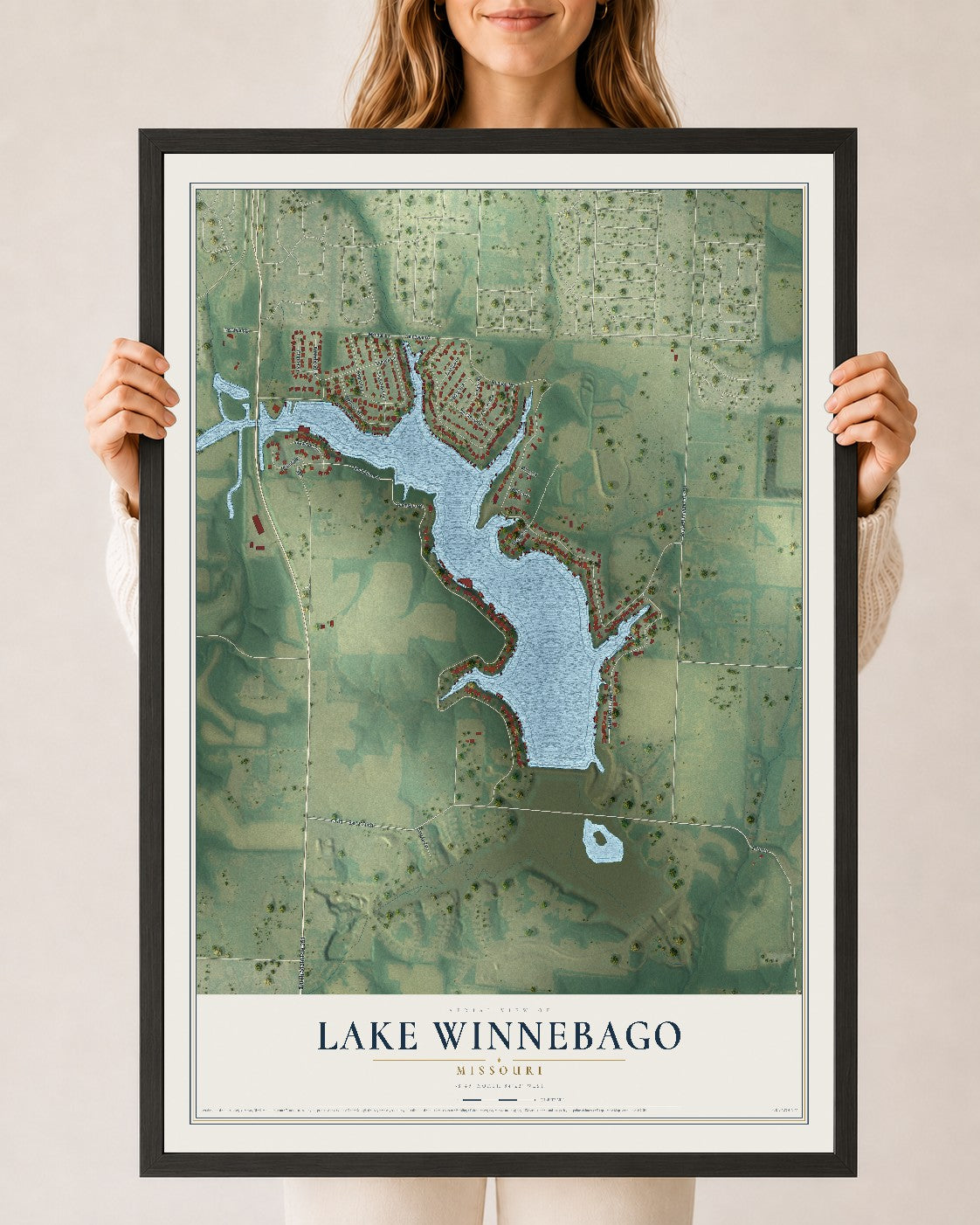 Map of Lake Winnebago, Missouri, 24 x 36 inch print in a black wood frame
