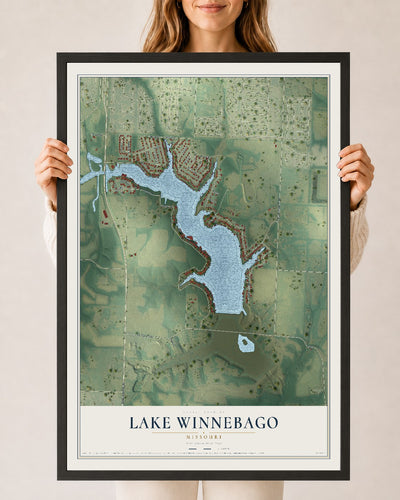 Map of Lake Winnebago, Missouri, 24 x 36 inch print in a black wood frame