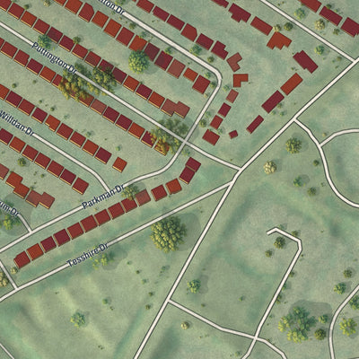 Close-up of the map of Lakeshire, Missouri print showing street and building detail