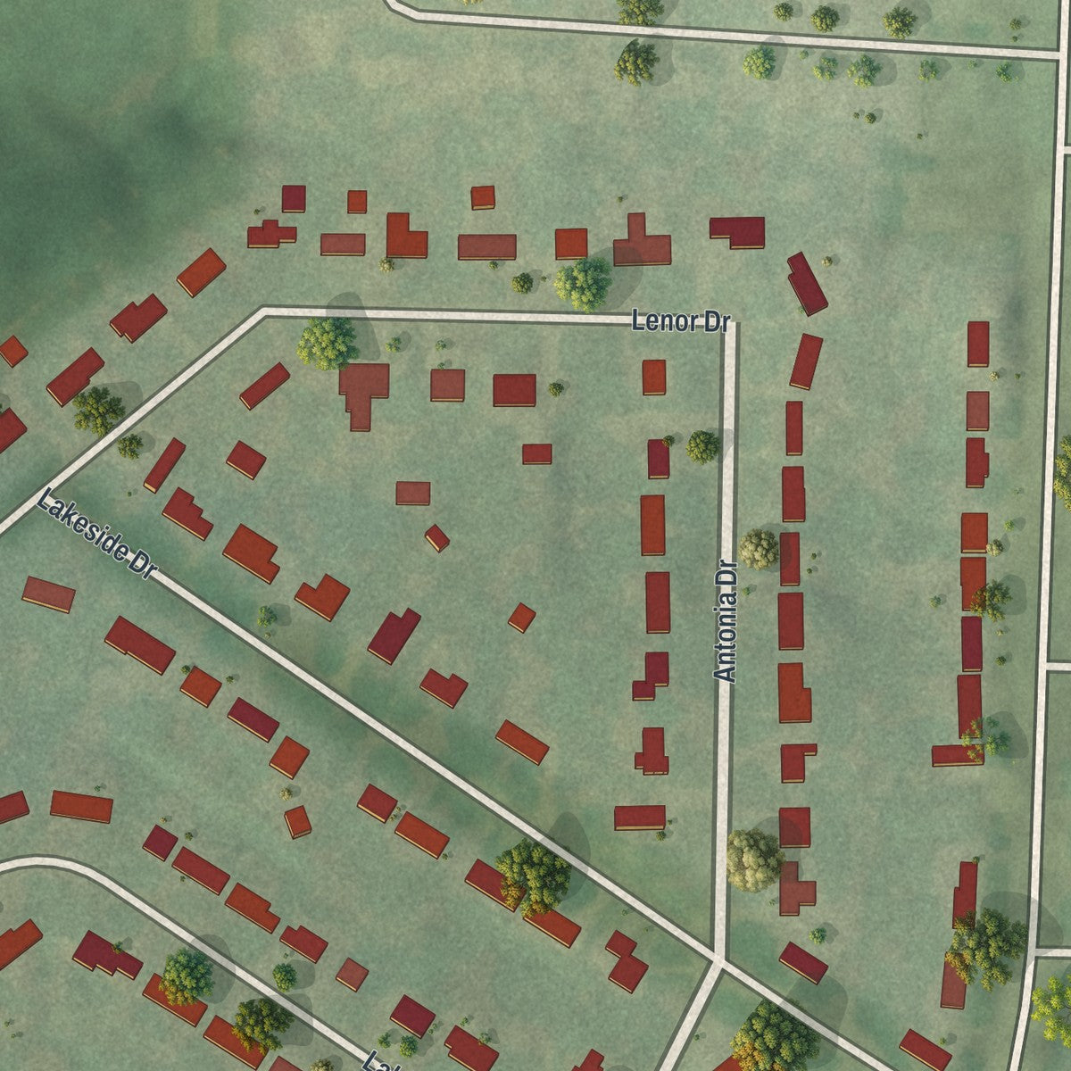Second close-up of the map of Lakeshire, Missouri print showing more streets and buildings