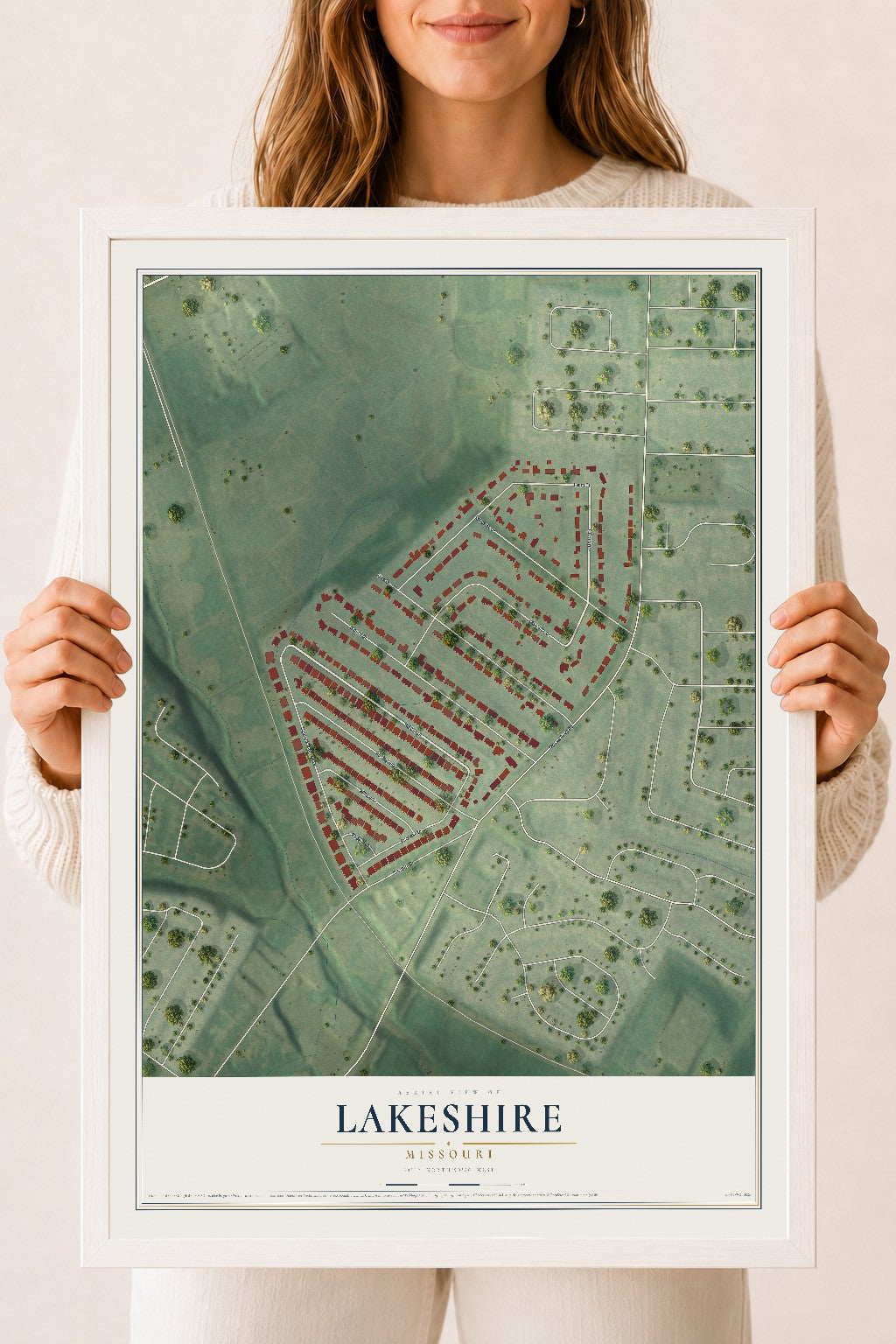 Map of Lakeshire, Missouri, 18 x 24 inch print in a white wood frame