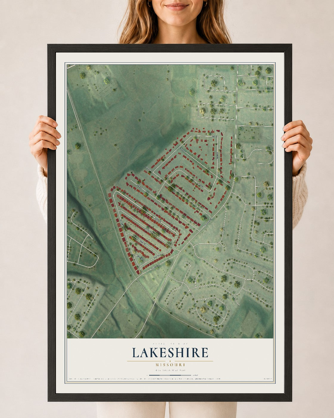 Map of Lakeshire, Missouri, 24 x 36 inch print in a black wood frame