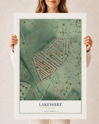 Map of Lakeshire, Missouri, 24 x 36 inch print in a white wood frame