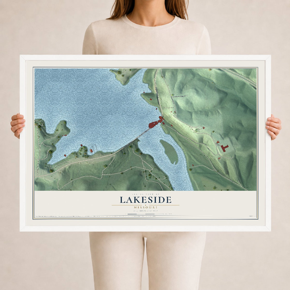 Map of Lakeside, Missouri, 24 x 36 inch print in a white wood frame