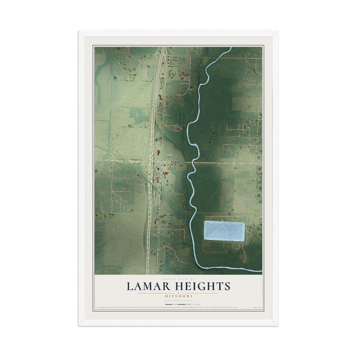 Map of Lamar Heights, Missouri, 12 x 18 inch print in a white wood frame