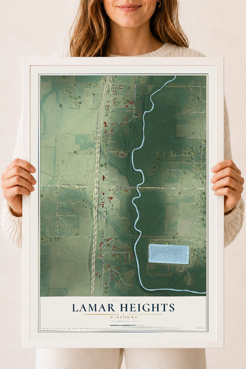 Map of Lamar Heights, Missouri, 18 x 24 inch print in a white wood frame