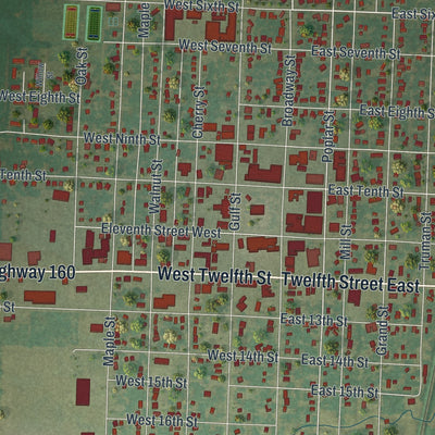 Close-up of the map of Lamar, Missouri print showing street and building detail