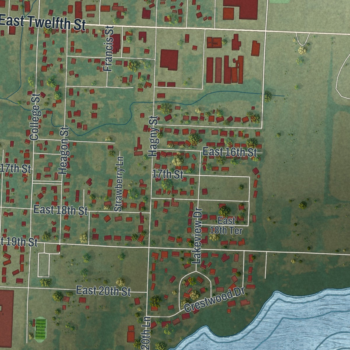 Second close-up of the map of Lamar, Missouri print showing more streets and buildings