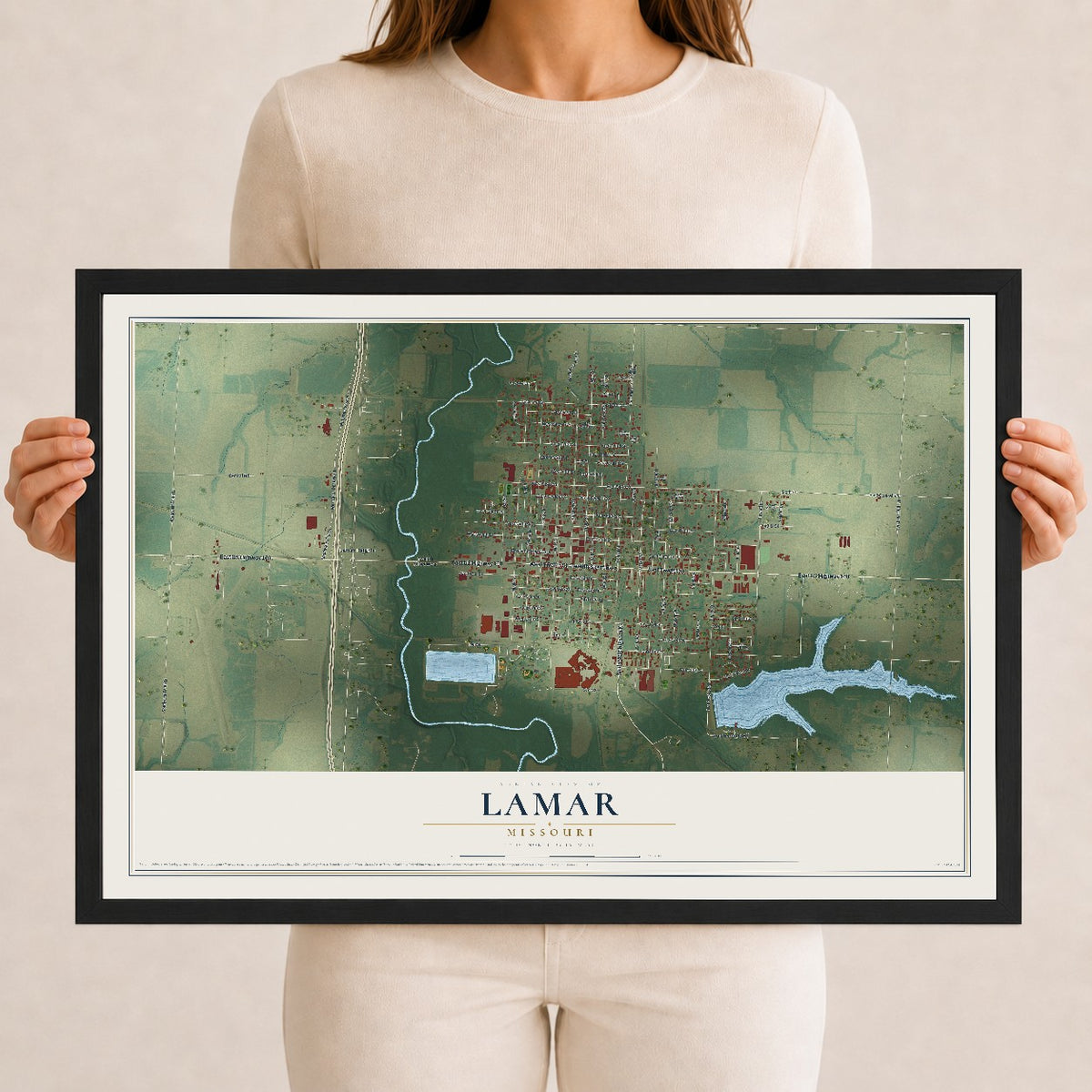 Map of Lamar, Missouri, 12 x 18 inch print in a black wood frame