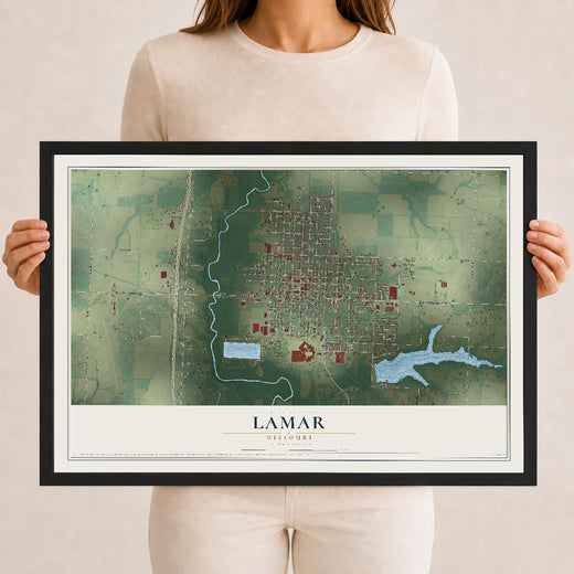 Map of Lamar, Missouri, 12 x 18 inch print in a black wood frame