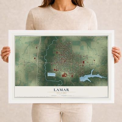 Map of Lamar, Missouri, 12 x 18 inch print in a white wood frame