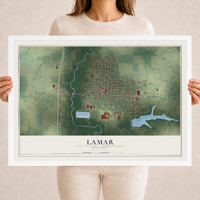Map of Lamar, Missouri, 18 x 24 inch print in a white wood frame