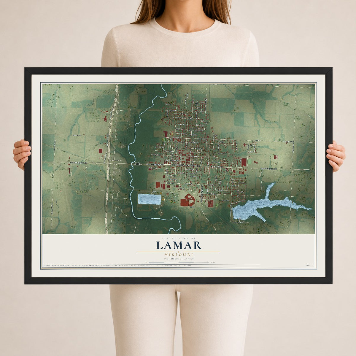 Map of Lamar, Missouri, 24 x 36 inch print in a black wood frame