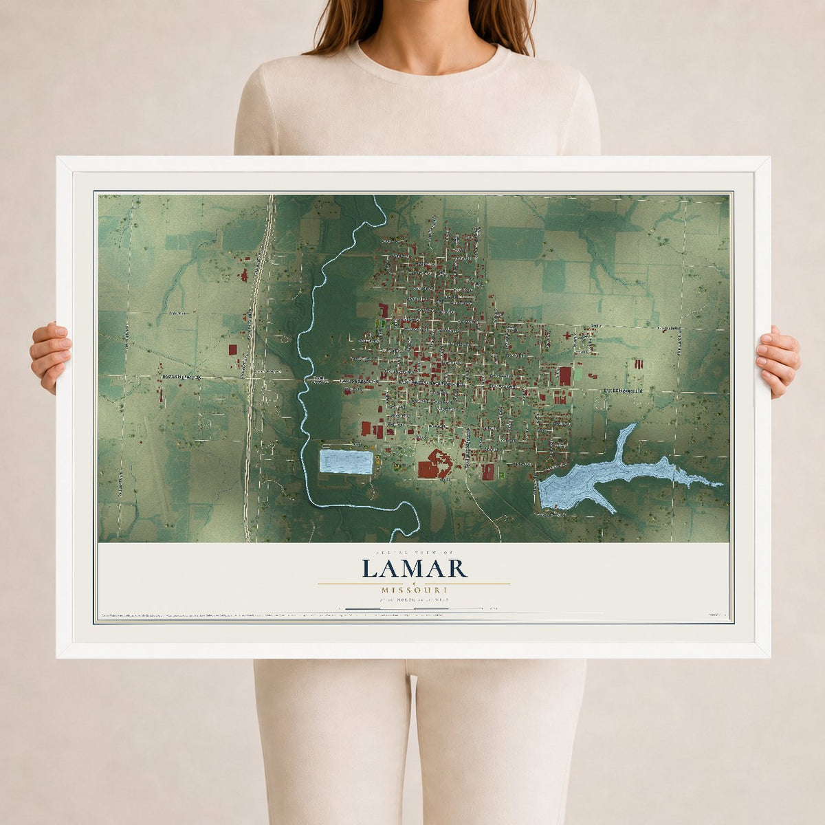 Map of Lamar, Missouri, 24 x 36 inch print in a white wood frame