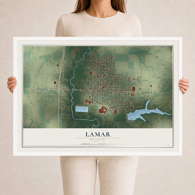 Map of Lamar, Missouri, 24 x 36 inch print in a white wood frame