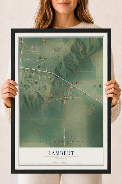 Map of Lambert, Missouri, 18 x 24 inch print in a black wood frame