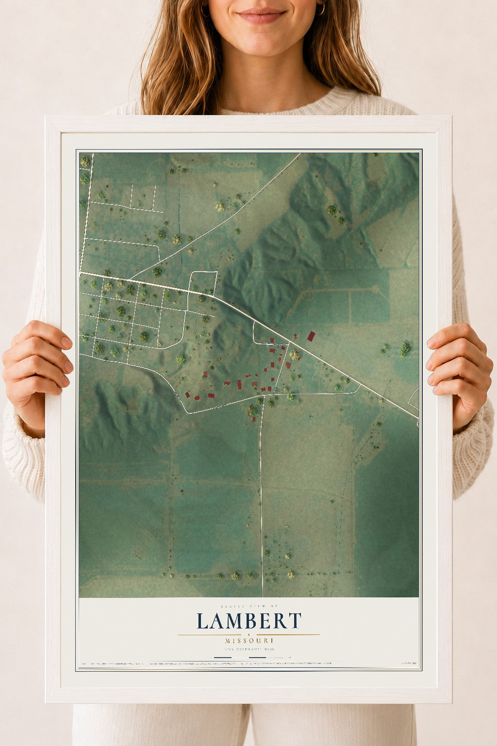 Map of Lambert, Missouri, 18 x 24 inch print in a white wood frame