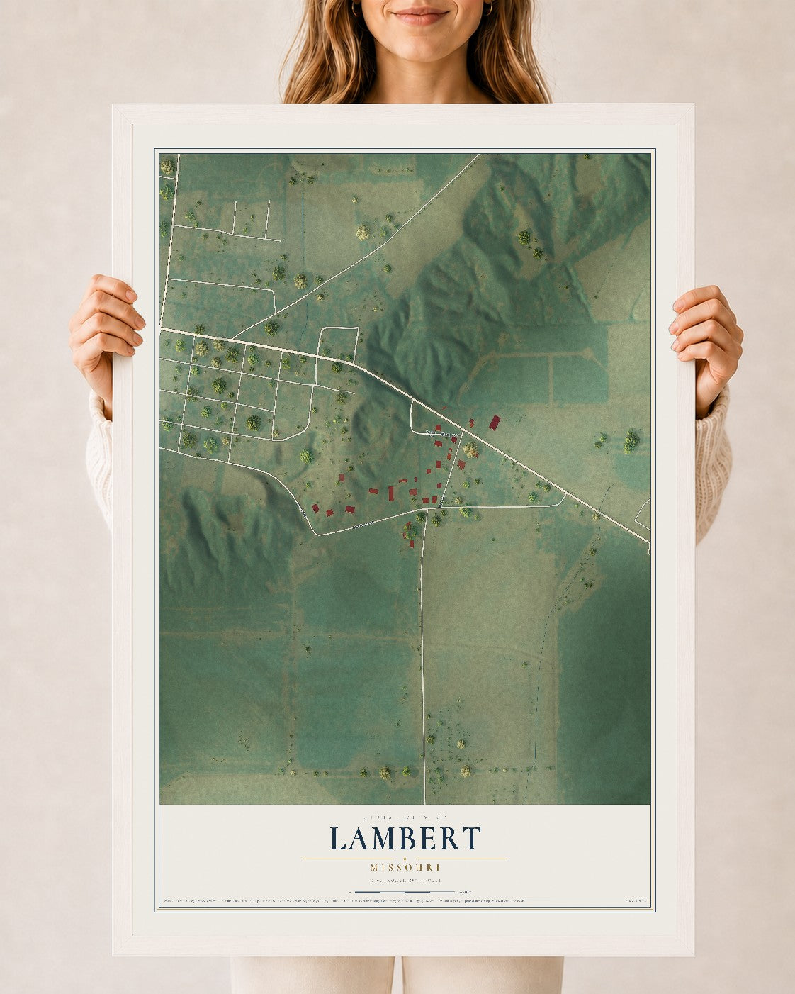 Map of Lambert, Missouri, 24 x 36 inch print in a white wood frame