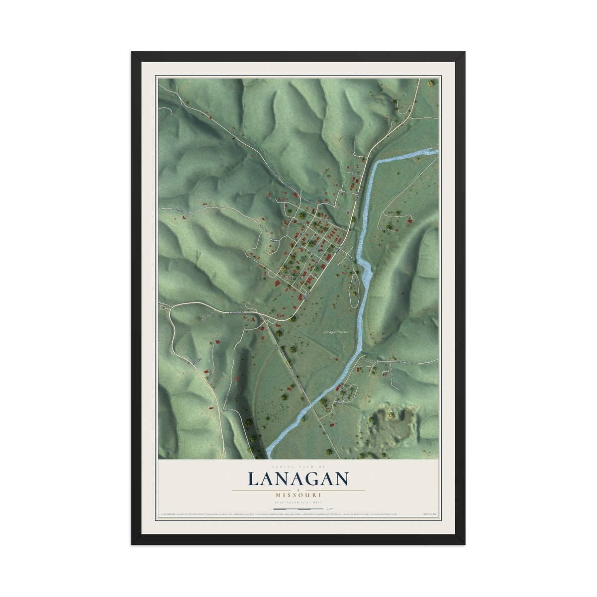 Map of Lanagan, Missouri, 12 x 18 inch print in a black wood frame