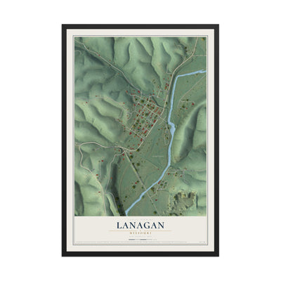 Map of Lanagan, Missouri, 12 x 18 inch print in a black wood frame