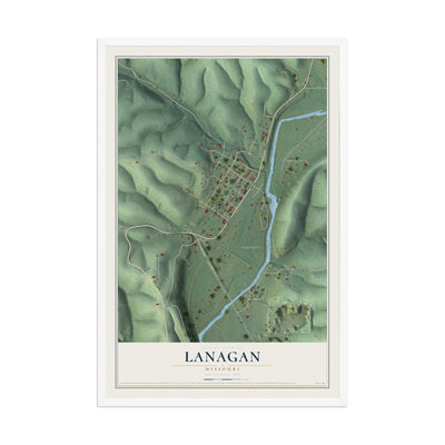 Map of Lanagan, Missouri, 12 x 18 inch print in a white wood frame