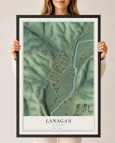 Map of Lanagan, Missouri, 24 x 36 inch print in a black wood frame