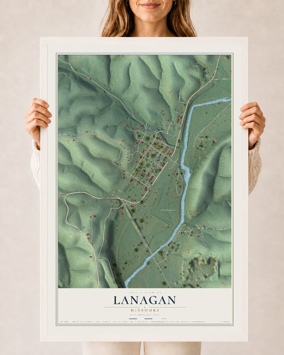 Map of Lanagan, Missouri, 24 x 36 inch print in a white wood frame