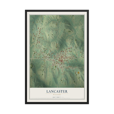 Map of Lancaster, Missouri, 12 x 18 inch print in a black wood frame