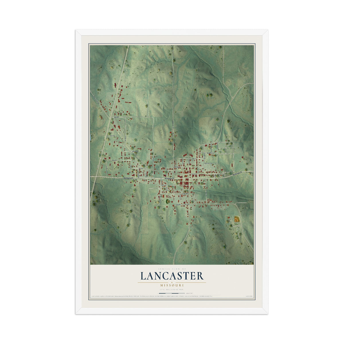 Map of Lancaster, Missouri, 12 x 18 inch print in a white wood frame